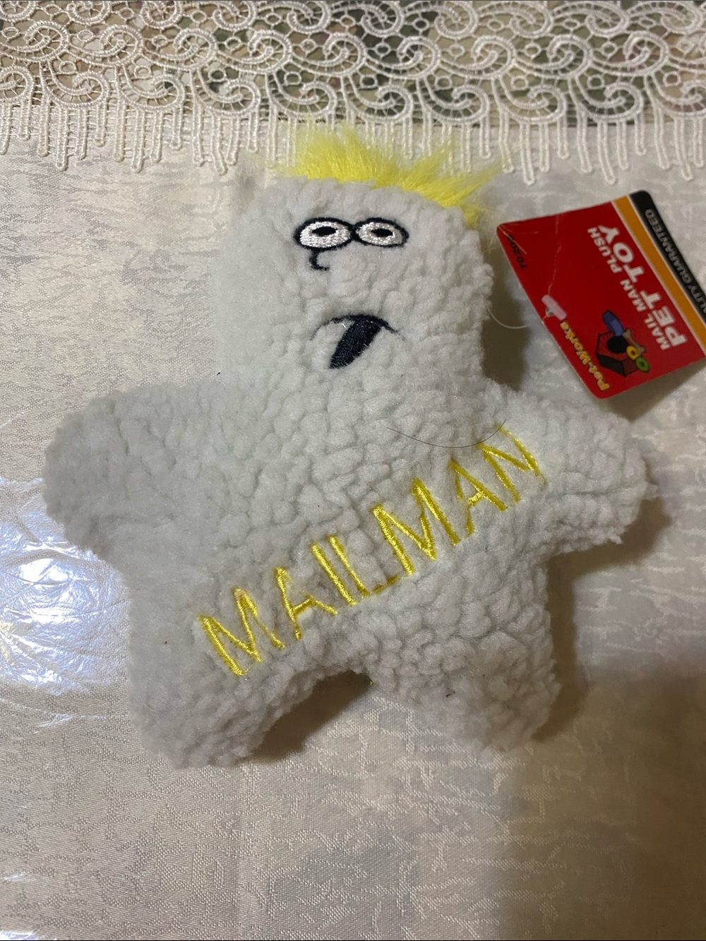 PET TOY Mailman Plush Dog Toy - White with Yellow Accents